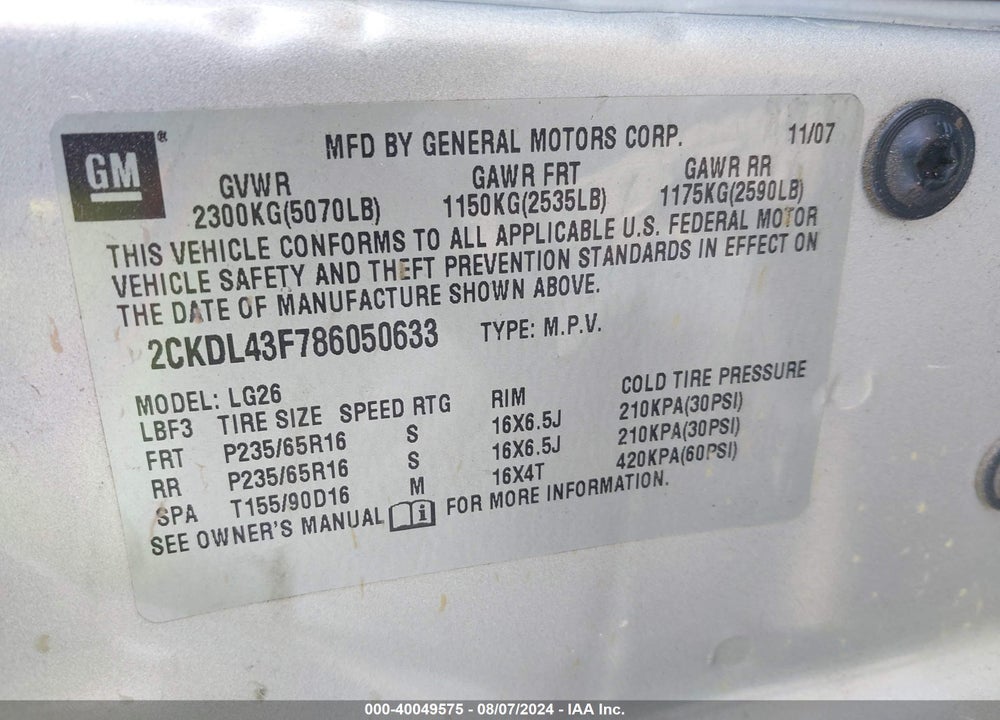 2008 PONTIAC TORRENT VIN: 2CKDL43F786050633