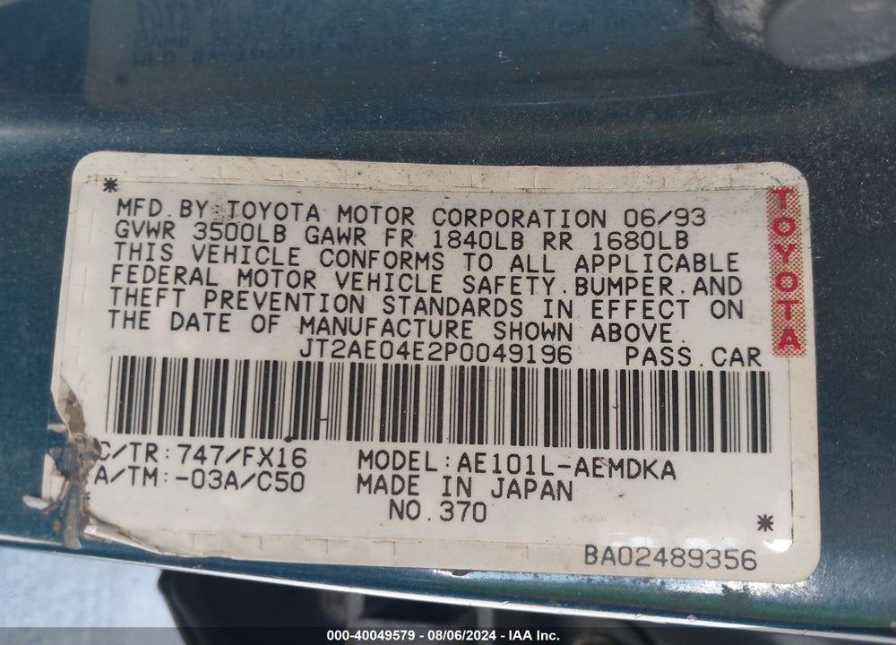 1993 TOYOTA COROLLA VIN: JT2AE04E2P0049196