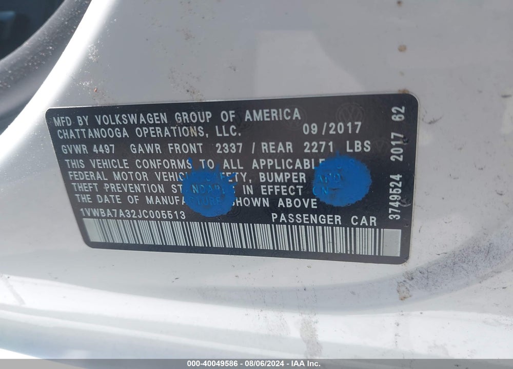 2018 VOLKSWAGEN PASSAT 2.0T SE VIN: 1VWBA7A32JC005513