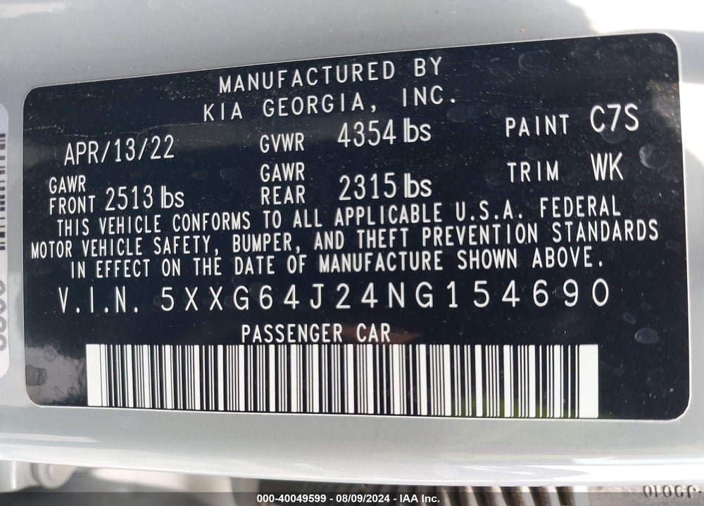 2022 KIA K5 GT LINE VIN: 5XXG64J24NG154690