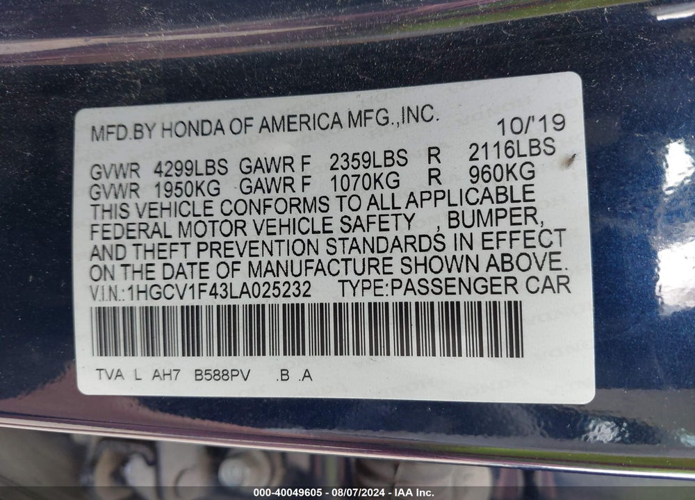 2020 HONDA ACCORD EX VIN: 1HGCV1F43LA025232