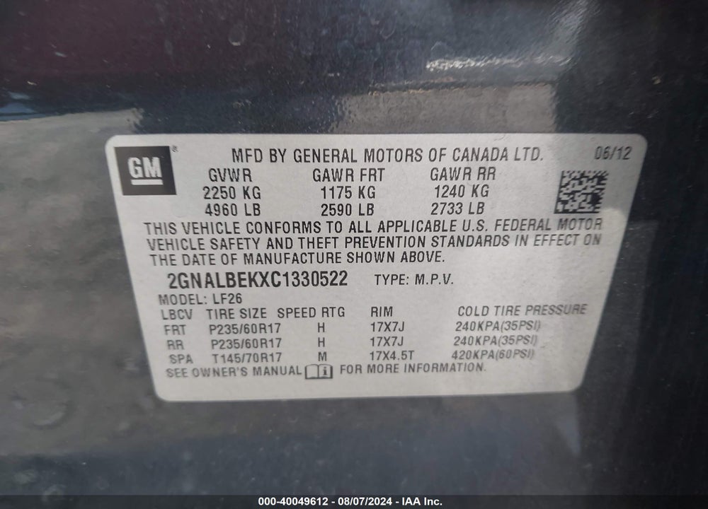 2012 CHEVROLET EQUINOX LS VIN: 2GNALBEKXC1330522