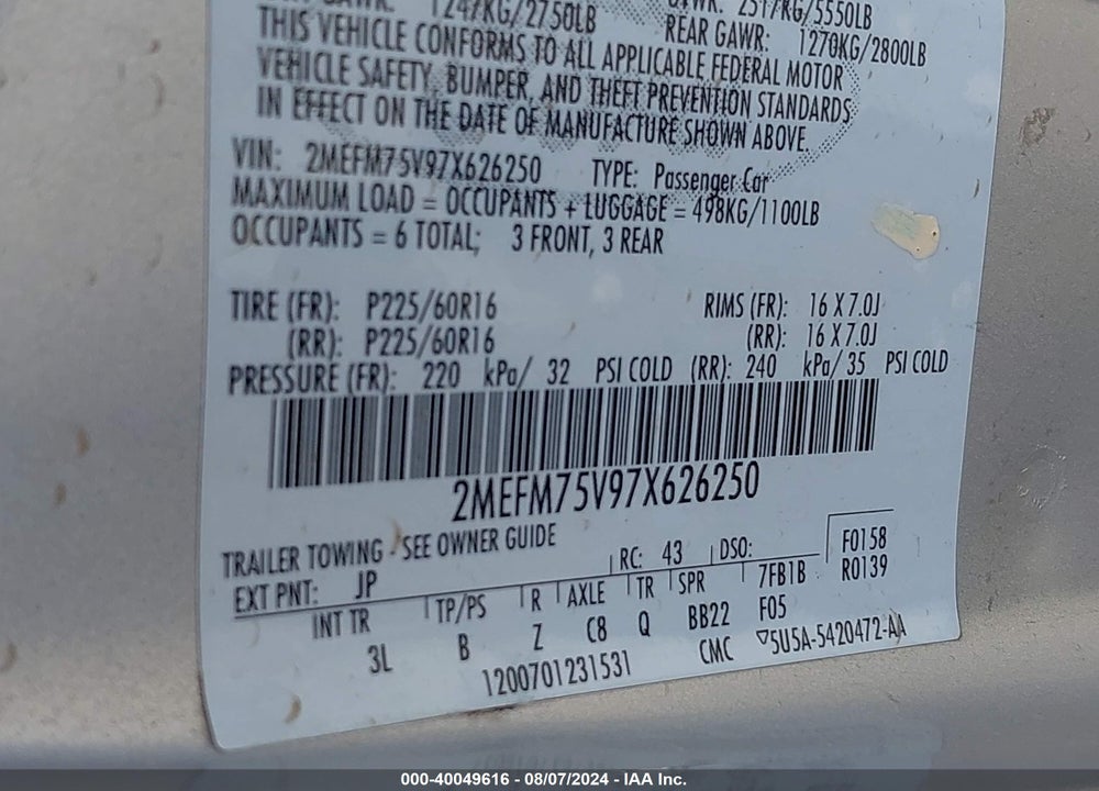 2007 MERCURY GRAND MARQUIS LS VIN: 2MEFM75V97X626250