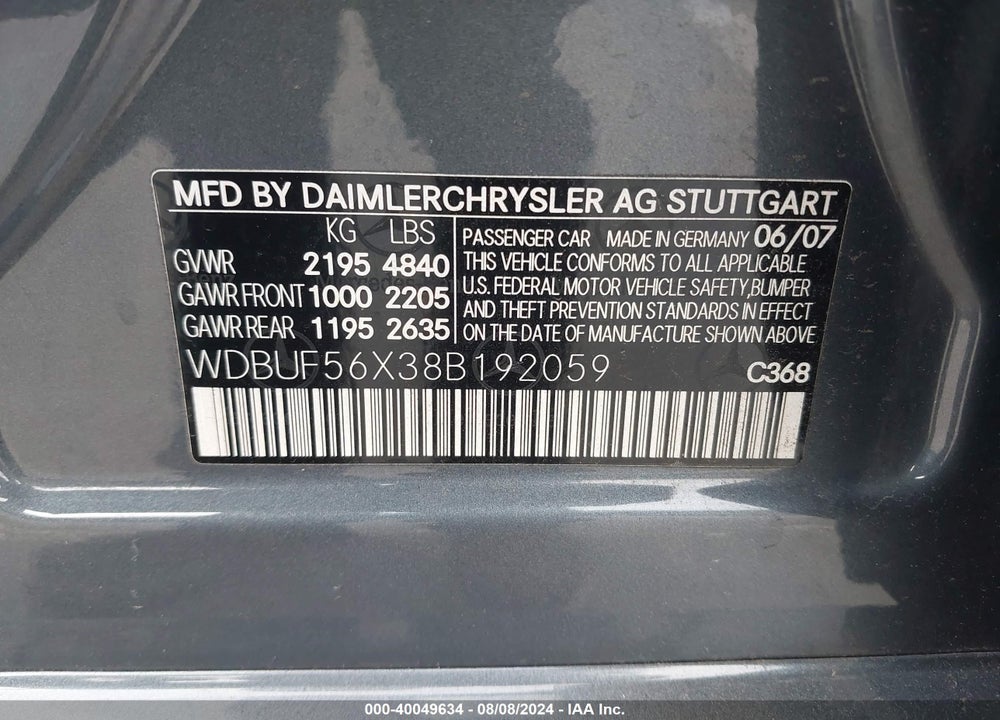 2008 MERCEDES-BENZ E 350 VIN: WDBUF56X38B192059