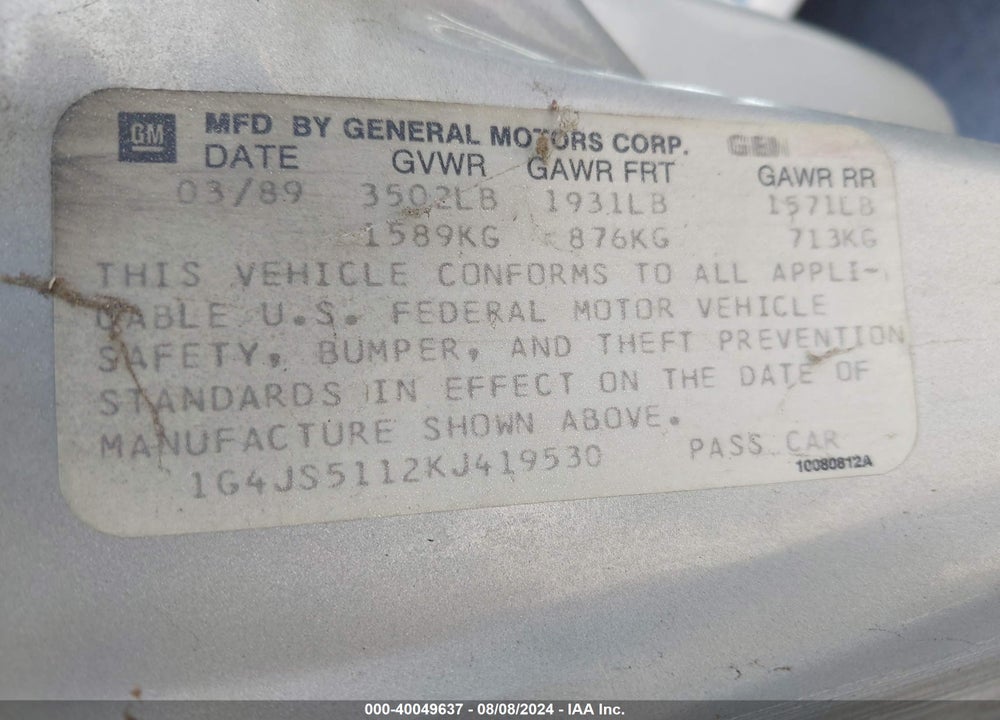 1989 BUICK SKYHAWK VIN: 1G4JS5112KJ419530