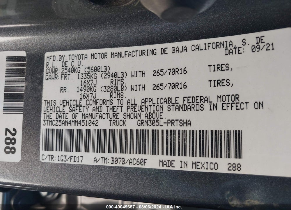 2021 TOYOTA TACOMA TRD OFF ROAD VIN: 3TMCZ5AN4MM451042