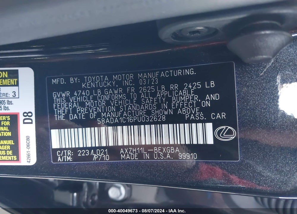 2023 LEXUS ES 300H VIN: 58ADA1C16PU032628