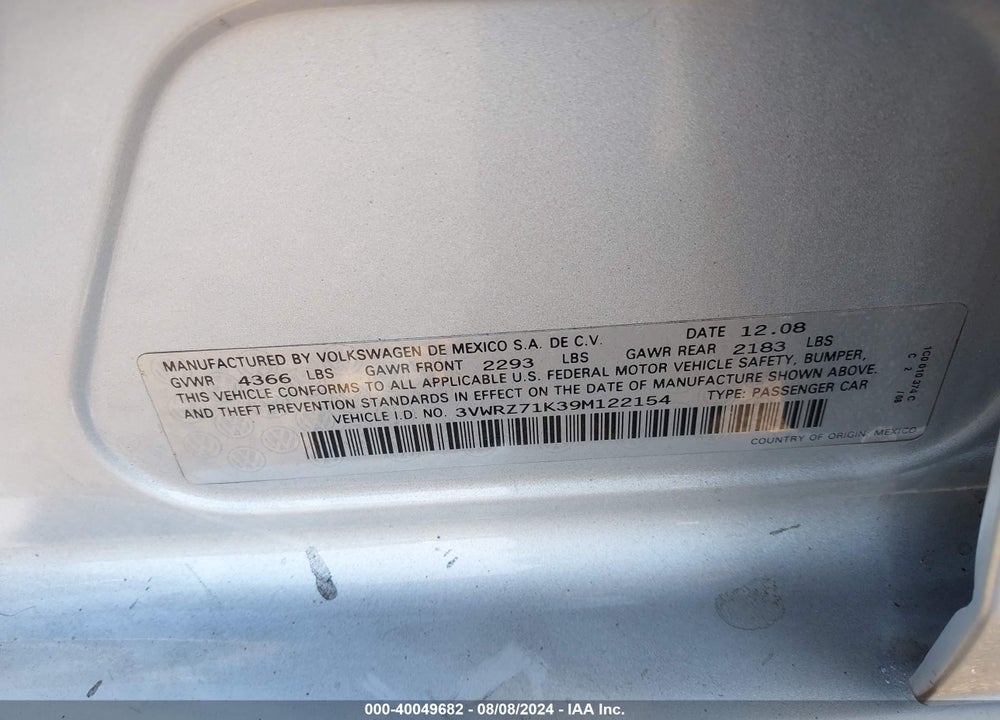 2009 VOLKSWAGEN JETTA SE VIN: 3VWRZ71K39M122154