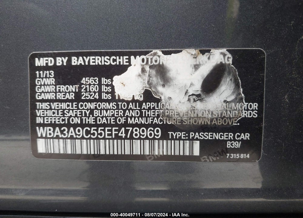 2014 BMW 335I VIN: WBA3A9C55EF478969
