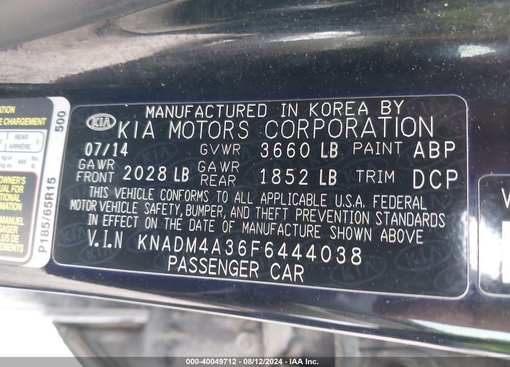 2015 KIA RIO VIN: KNADM4A36F6444038