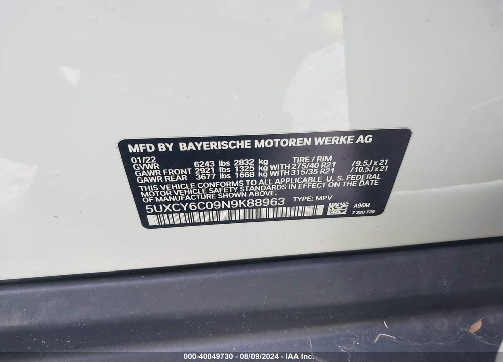 2022 BMW X6 XDRIVE40I VIN: 5UXCY6C09N9K88963