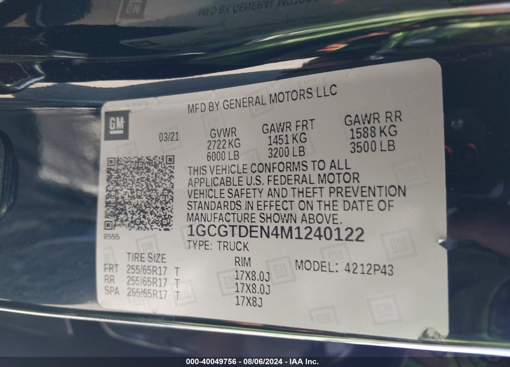 2021 CHEVROLET COLORADO 4WD SHORT BOX Z71 VIN: 1GCGTDEN4M1240122