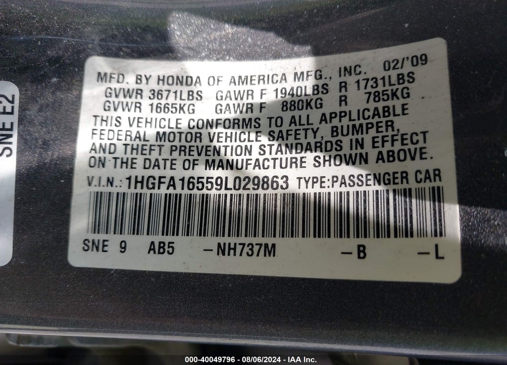 2009 HONDA CIVIC LX VIN: 1HGFA16559L029863