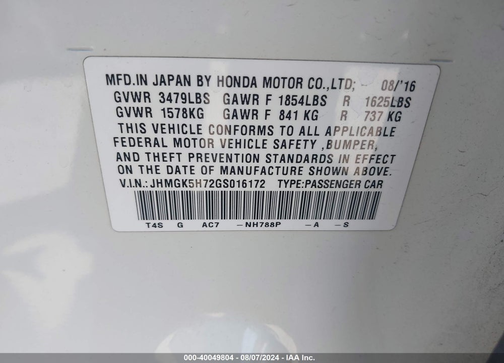 2016 HONDA FIT EX VIN: JHMGK5H72GS016172