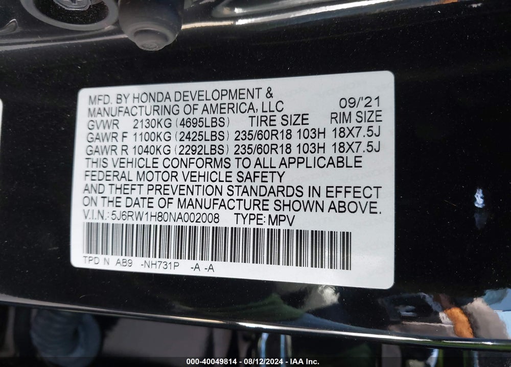 2022 HONDA CR-V VIN: 5J6RW1H80NA002008