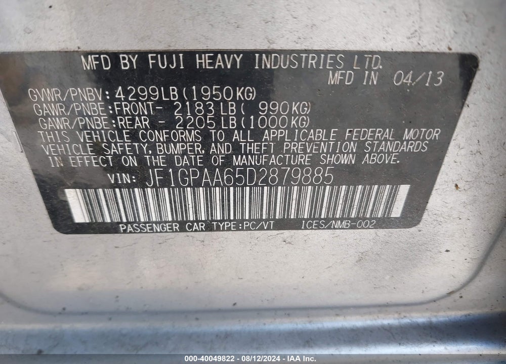 2013 SUBARU IMPREZA 2.0I VIN: JF1GPAA65D2879885