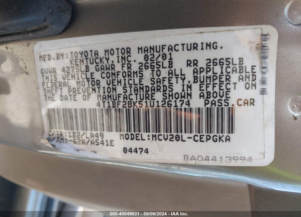 2001 TOYOTA CAMRY XLE V6 VIN: 4T1BF28K51U126174