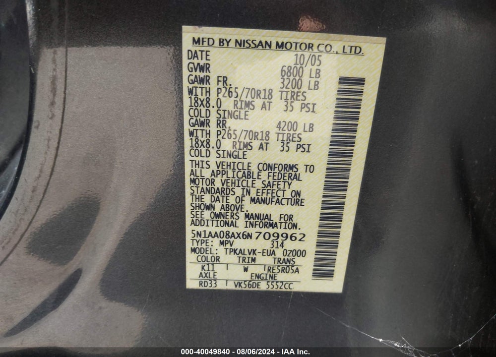 2006 NISSAN ARMADA LE VIN: 5N1AA08AX6N709962