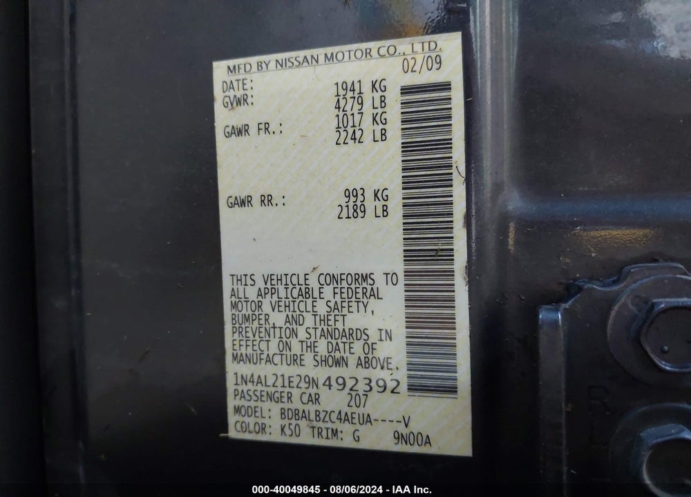 2009 NISSAN ALTIMA 2.5 S VIN: 1N4AL21E29N492392