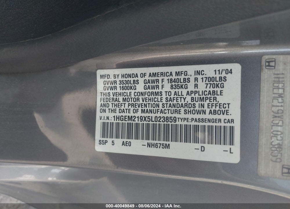 2005 HONDA CIVIC EX VIN: 1HGEM219X5L023859