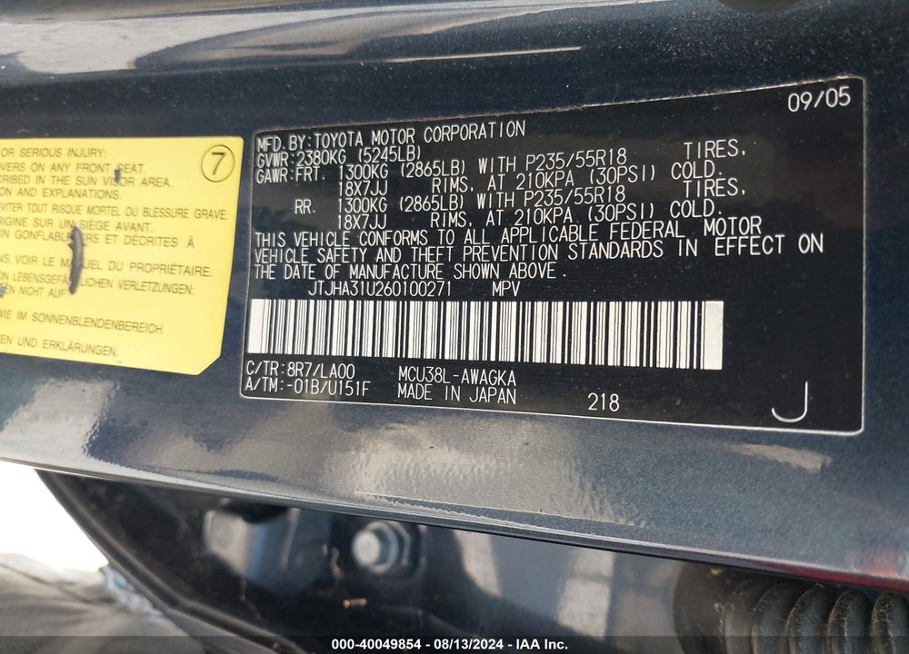 2006 LEXUS RX 330 VIN: JTJHA31U260100271