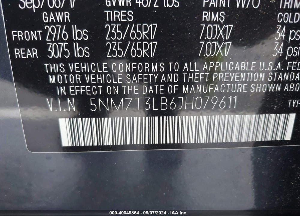 2018 HYUNDAI SANTA FE SPORT 2.4L VIN: 5NMZT3LB6JH079611