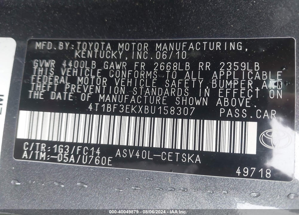 2011 TOYOTA CAMRY SE VIN: 4T1BF3EKXBU158307