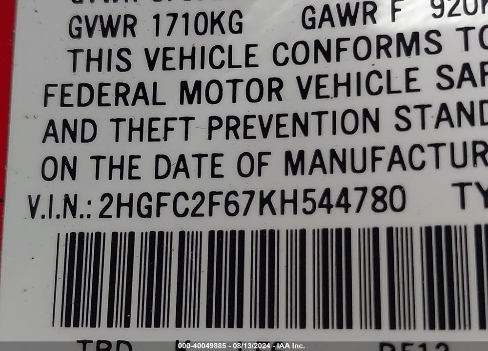 2019 HONDA CIVIC LX VIN: 2HGFC2F67KH544780