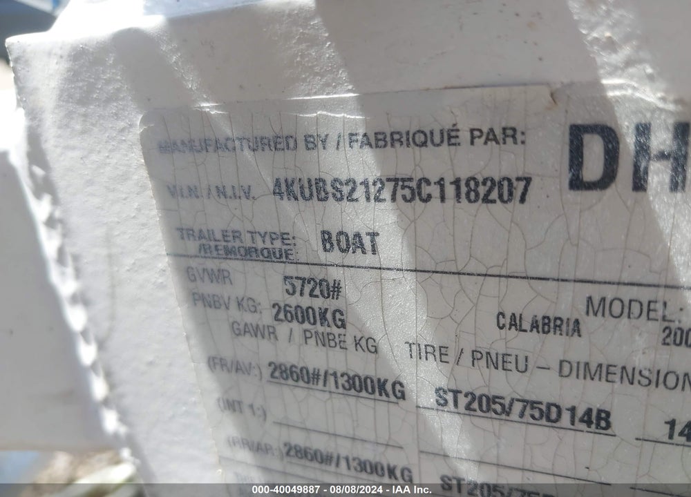 2005 AMERICAN TRAILER MANUFACT BOAT VIN: 4KUBS21275C118207