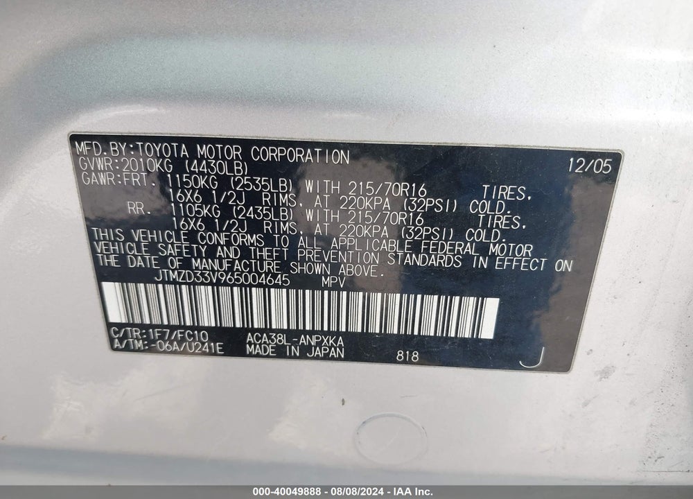 2006 TOYOTA RAV4 VIN: JTMZD33V965004645