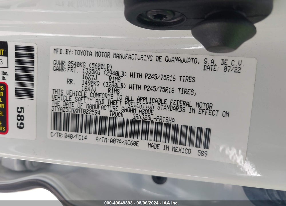2022 TOYOTA TACOMA SR5 V6 VIN: 3TYAZ5CNXNT022594