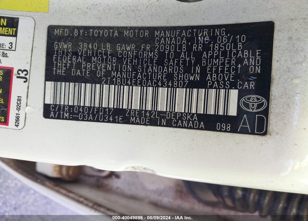 2010 TOYOTA COROLLA S VIN: 2T1BU4EE0AC434807