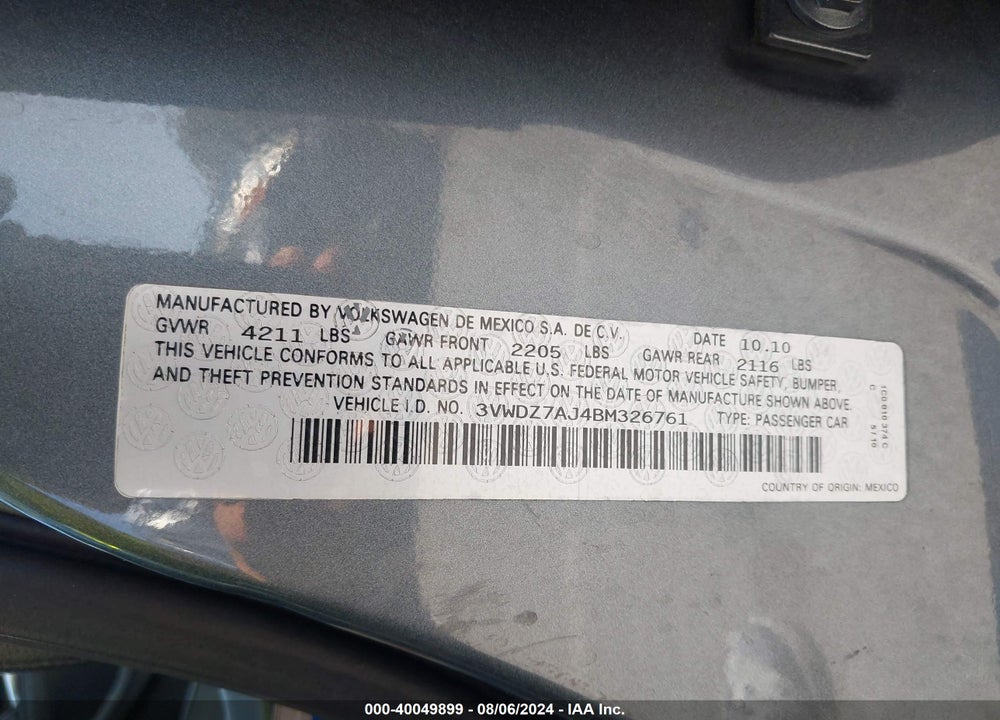 2011 VOLKSWAGEN JETTA 2.5L SE VIN: 3VWDZ7AJ4BM326761