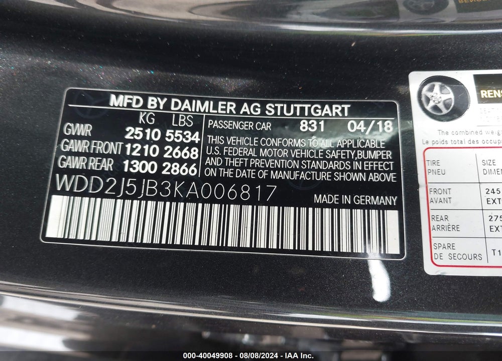 2019 MERCEDES-BENZ CLS 450 VIN: WDD2J5JB3KA006817