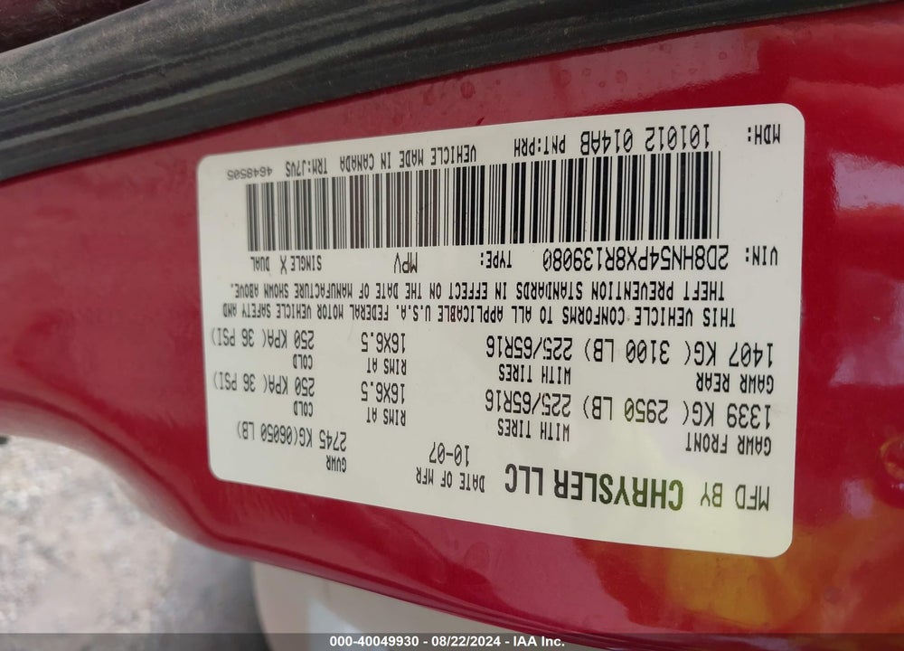 2008 DODGE GRAND CARAVAN SXT VIN: 2D8HN54PX8R139080