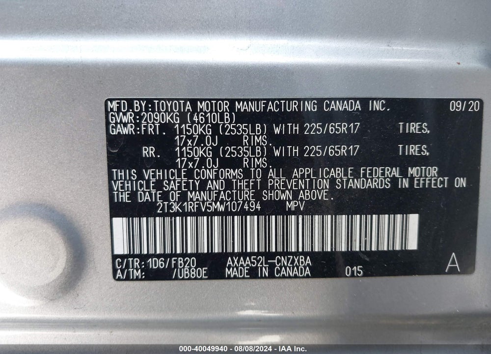 2021 TOYOTA RAV4 LE VIN: 2T3K1RFV5MW107494