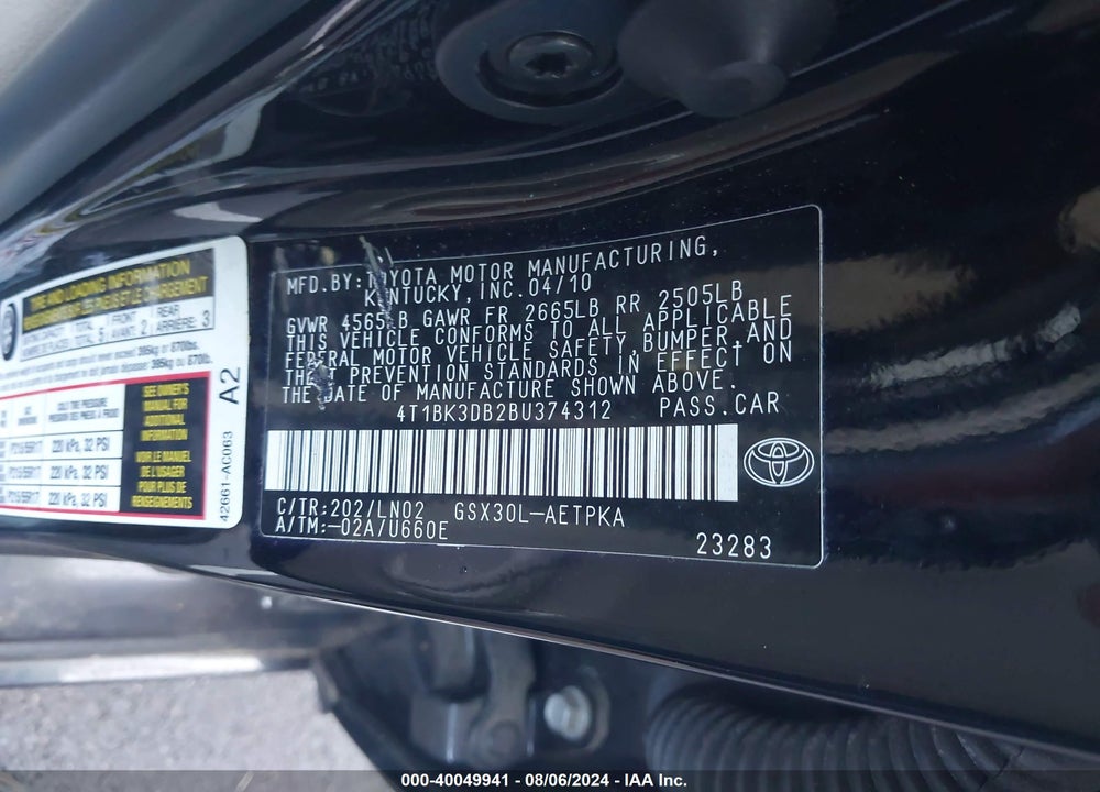 2011 TOYOTA AVALON LIMITED VIN: 4T1BK3DB2BU374312