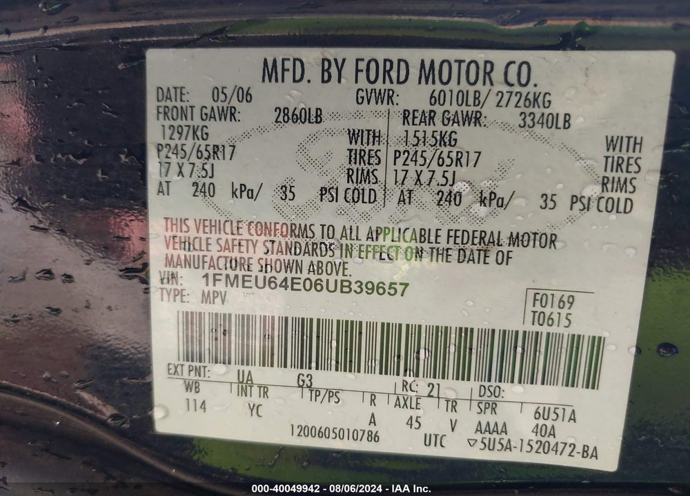 2006 FORD EXPLORER EDDIE BAUER VIN: 1FMEU64E06UB39657