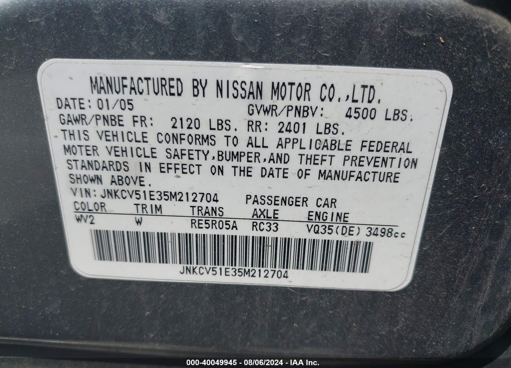 2005 INFINITI G35 VIN: JNKCV51E35M212704