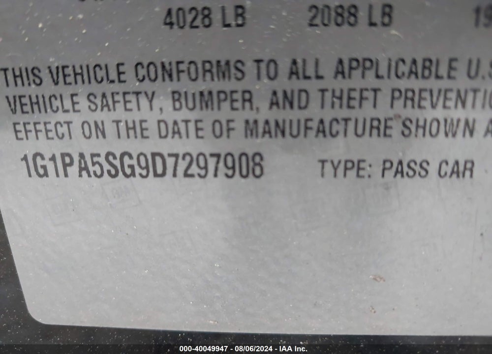 2013 CHEVROLET CRUZE LS AUTO VIN: 1G1PA5SG9D7297908