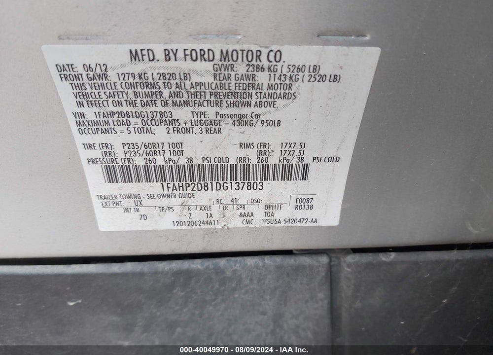 2013 FORD TAURUS SE VIN: 1FAHP2D81DG137803