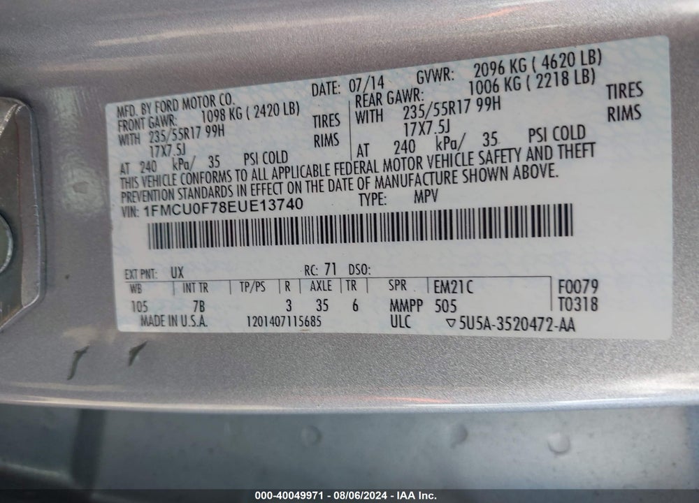 2014 FORD ESCAPE S VIN: 1FMCU0F78EUE13740