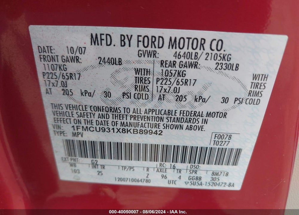 2008 FORD ESCAPE XLT VIN: 1FMCU931X8KB89942