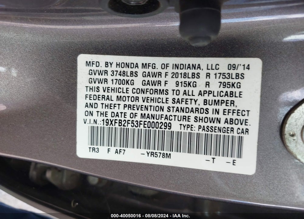 2015 HONDA CIVIC LX VIN: 19XFB2F53FE000299