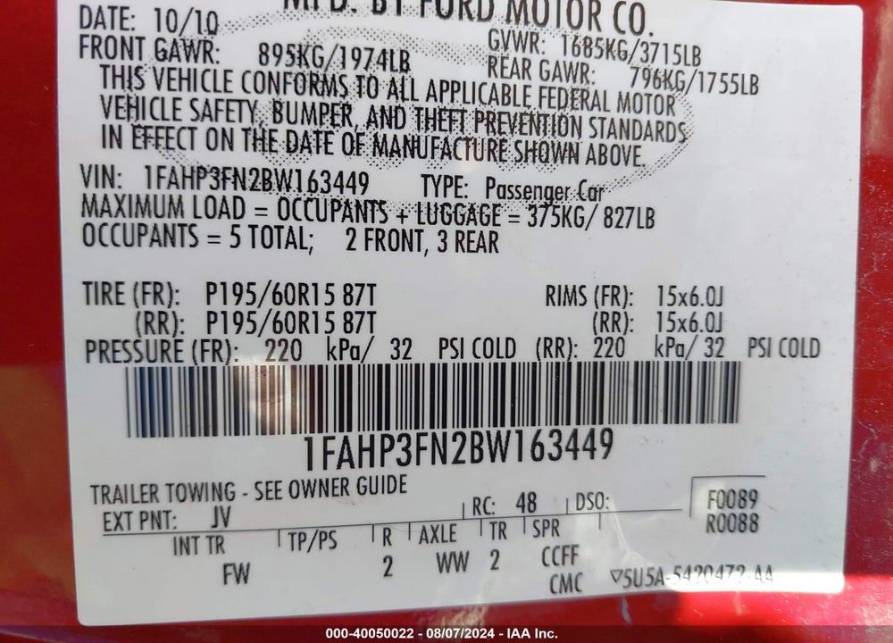 2011 FORD FOCUS VIN: 1FAHP3FN2BW163449