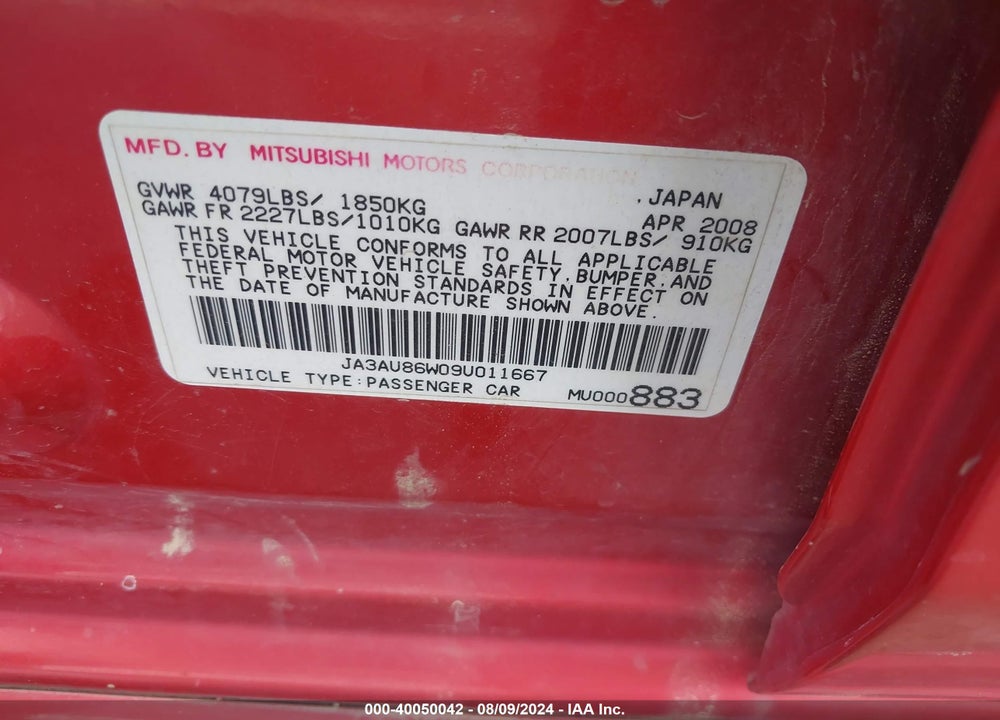 2009 MITSUBISHI LANCER GTS VIN: JA3AU86W09U011667