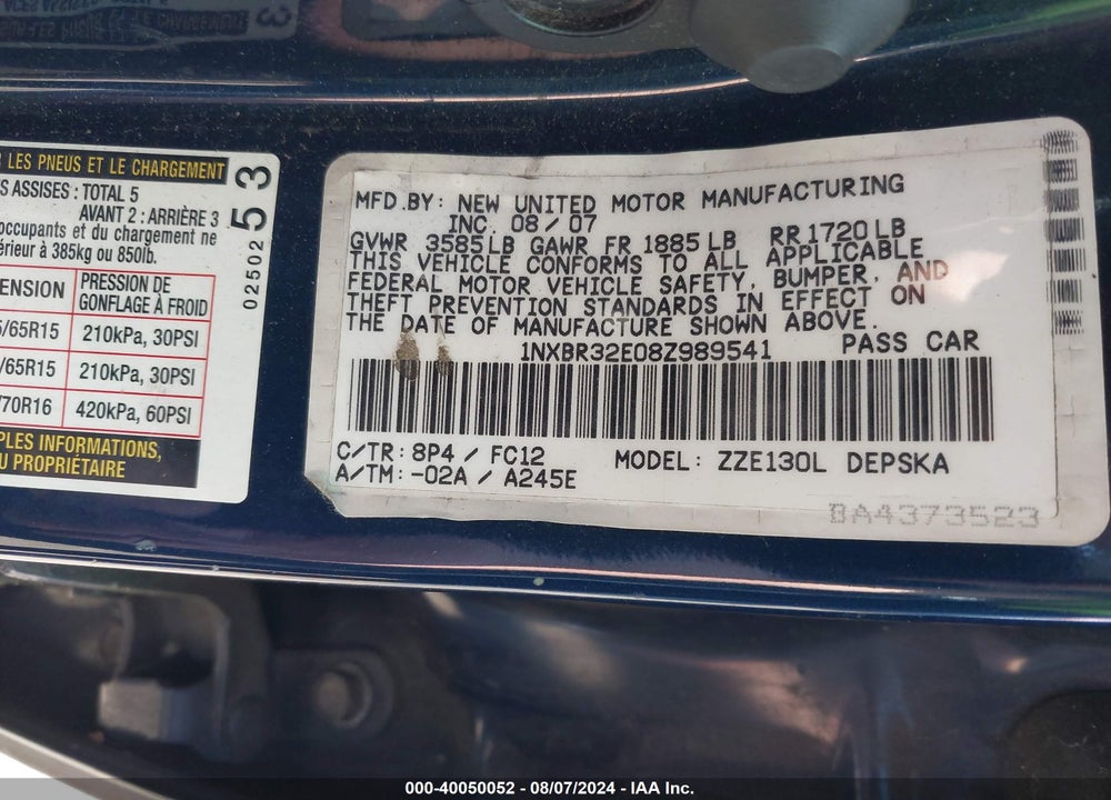 2008 TOYOTA COROLLA S VIN: 1NXBR32E08Z989541