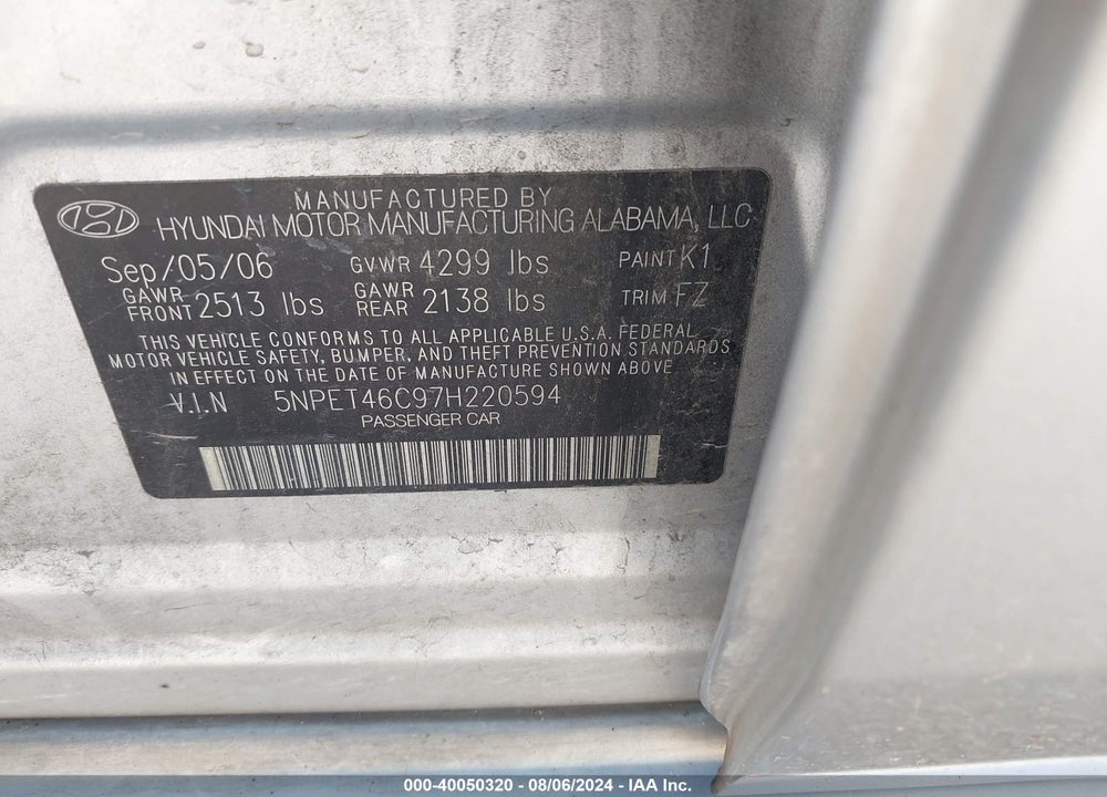 2007 HYUNDAI SONATA GLS VIN: 5NPET46C97H220594