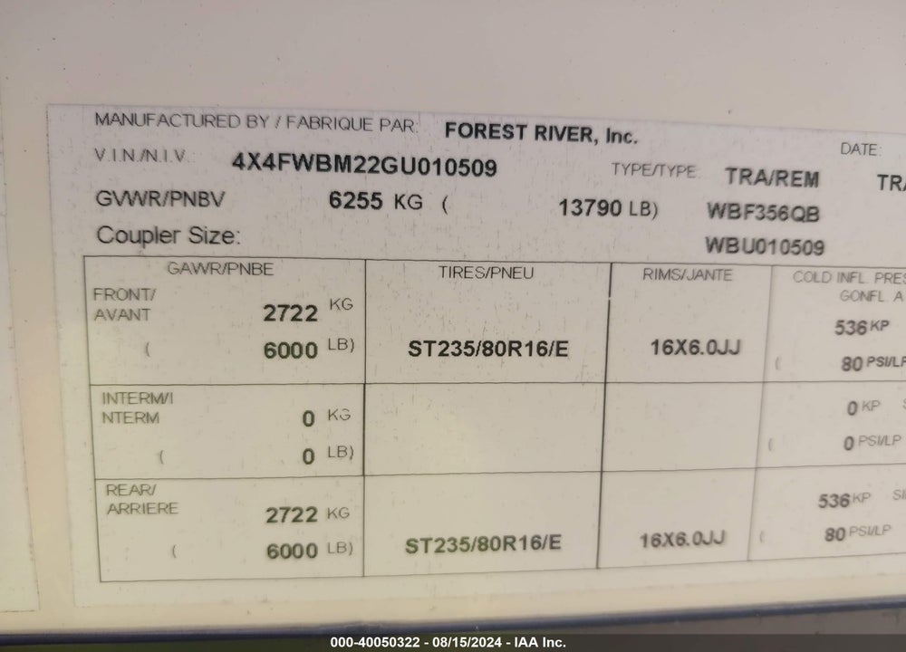 2016 FOREST RIVER WILDWOOD HERITAGE VIN: 4X4FWBM22GU010509