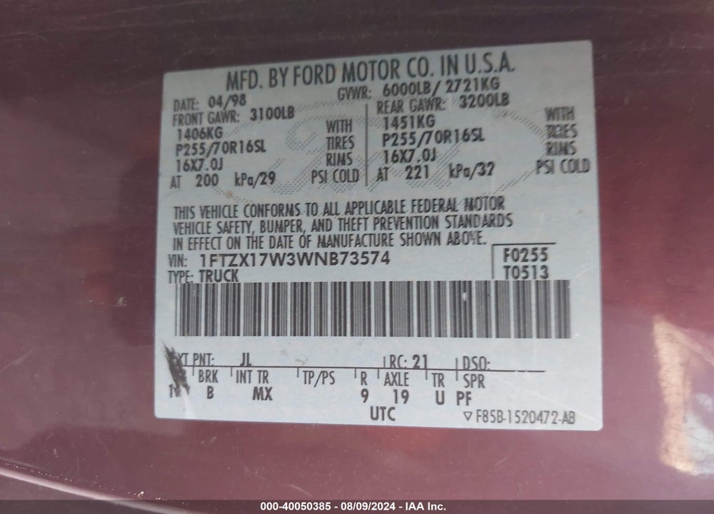 1998 FORD F-150 LARIAT/STANDARD/XL/XLT VIN: 1FTZX17W3WNB73574